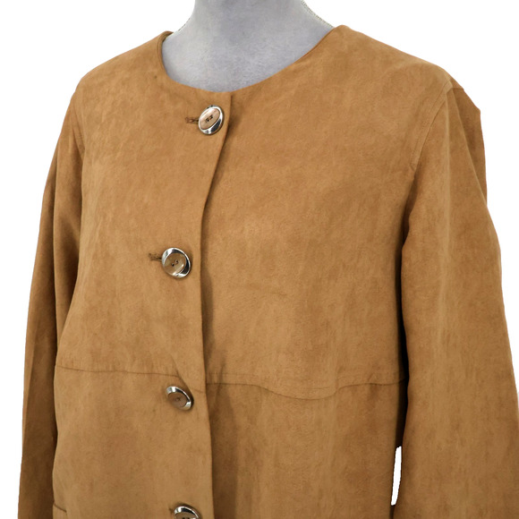 Susan Graver Jacket Plus Size 1X Camel Beige Faux Suede Lined Long Blazer Pocket - Picture 14 of 14